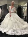 Ball Gown V-neck Lace Tulle Long Sleeves Court Train Wedding Dresses