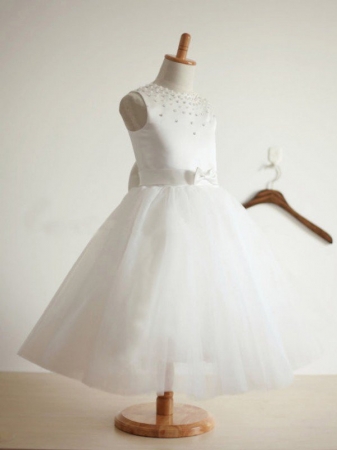 Ball Gown Jewel Sleeveless Bowknot Long Tulle Dresses