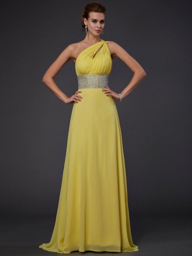 A-Line/Princess One-Shoulder Sleeveless Beading Long Chiffon Dresses