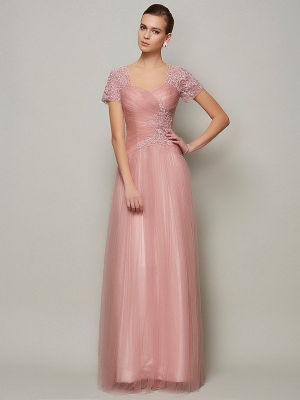 A-Line/Princess Sweetheart Short Sleeves Beading Long Satin Dresses