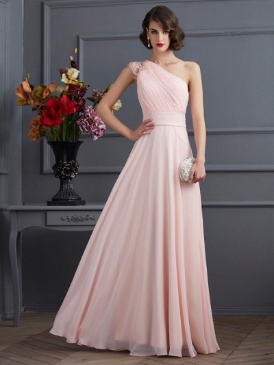 A-Line/Princess One-Shoulder Sleeveless Long Beading Chiffon Dresses [40106]