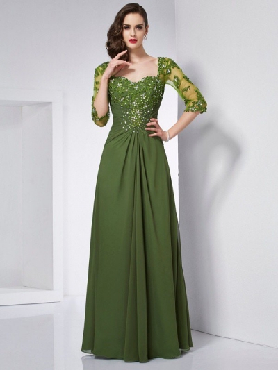 A-Line/Princess Sweetheart 3/4 Sleeves Beading Long Chiffon Dresses [40148]