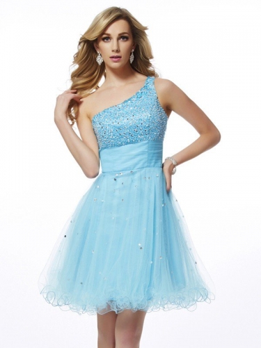 A-Line/Princess One-Shoulder Sleeveless Beading Short Organza Homecoming Dresses