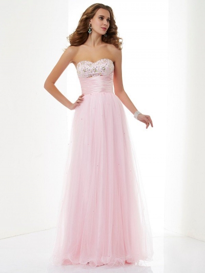 A-Line/Princess Sweetheart Sleeveless Beading Long Elastic Woven Satin Dresses [40669]