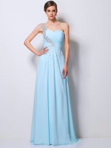 A-Line/Princess One-Shoulder Sleeveless Beading Long Chiffon Dresses