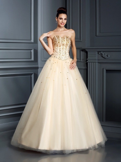 Ball Gown Sweetheart Beading Sleeveless Long Satin Quinceanera Dresses [50040]