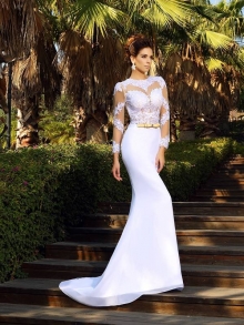 Sheath/Column Scoop Applique Long Sleeves Long Satin Wedding Dresses