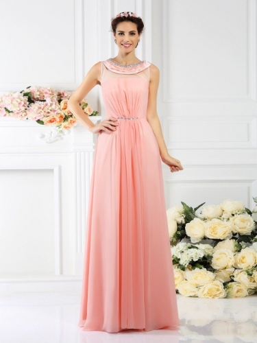 A-Line/Princess Bateau Beading Sleeveless Long Chiffon Bridesmaid Dresses