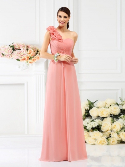 A-Line/Princess One-Shoulder Hand-Made Flower Sleeveless Long Chiffon Bridesmaid Dresses [50412]