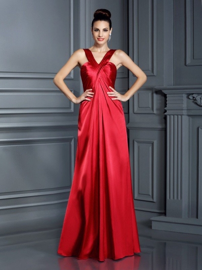 A-Line/Princess Straps Sleeveless Long Elastic Woven Satin Bridesmaid Dresses [50427]