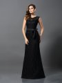 Sheath/Column Scoop Lace Sleeveless Long Satin Dresses