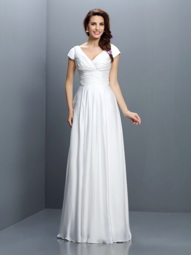 A-Line/Princess V-neck Pleats Short Sleeves Long Chiffon Bridesmaid Dresses