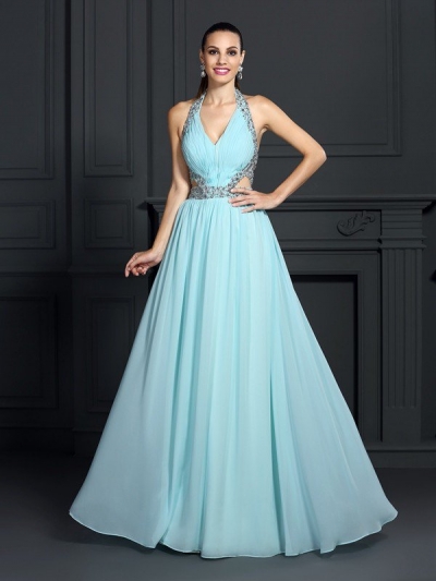 A-Line/Princess Halter Beading Sleeveless Long Chiffon Dresses [50678]