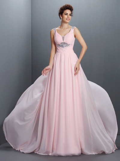 A-Line/Princess Straps Beading Sleeveless Long Chiffon Dresses [50926]