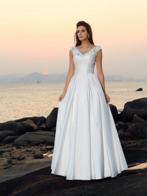 A-Line/Princess V-neck Beading Sleeveless Long Taffeta Beach Wedding Dresses