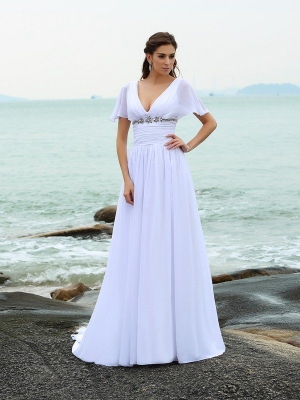 A-Line/Princess V-neck Ruffles Short Sleeves Long Chiffon Beach Wedding Dresses