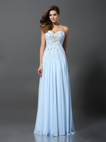 A-Line/Princess Spaghetti Straps Beading Sleeveless Long Chiffon Dresses