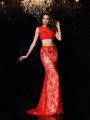 Sheath/Column Scoop Lace Sleeveless Long Elastic Woven Satin Two Piece Dresses