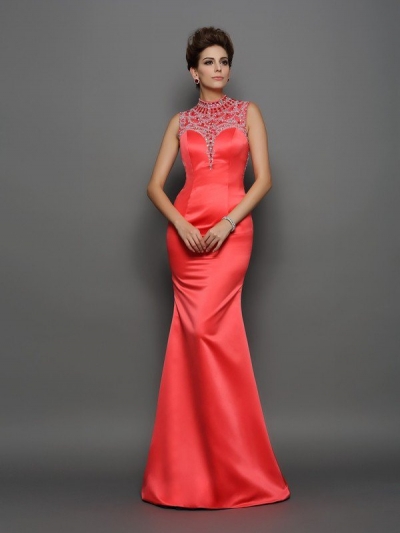 Trumpet/Mermaid High Neck Beading Sleeveless Long Satin Dresses [51182]