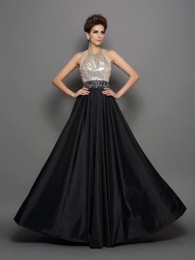 A-Line/Princess High Neck Sequin Sleeveless Long Taffeta Dresses [51208]