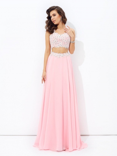 A-line/Princess Straps Applique Sleeveless Long Chiffon Two Piece Dresses [60139]