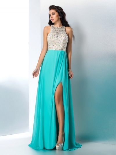 A-Line/Princess Scoop Beading Sleeveless Long Chiffon Dresses [60152]