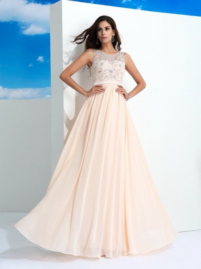 A-Line/Princess Sheer Neck Beading Sleeveless Long Chiffon Dresses