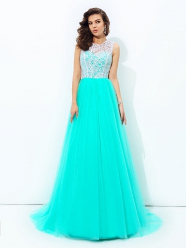 A-line/Princess Scoop Lace Sleeveless Long Net Dresses