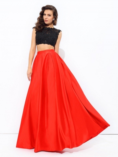 A-line/Princess Scoop Lace Sleeveless Long Satin Two Piece Dresses [60195]