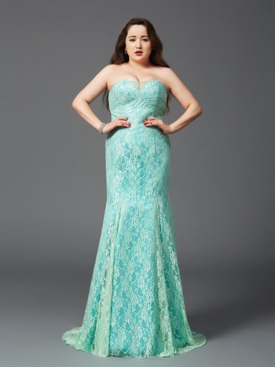 Sheath/Column Strapless Lace Sleeveless Long Satin Plus Size Dresses [60210]