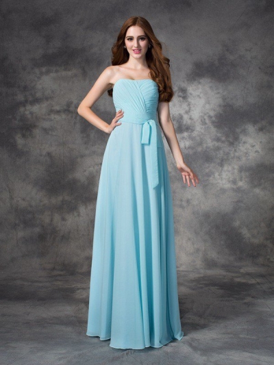 A-line/Princess Strapless Ruched Sleeveless Long Chiffon Bridesmaid Dresses [60253]