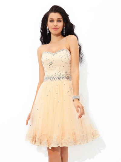 A-Line/Princess Sweetheart Beading Sleeveless Short Satin Cocktail Dresses [60369]