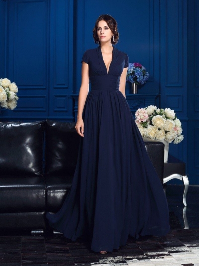 A-Line/Princess V-neck Applique Short Sleeves Long Chiffon Mother of the Bride Dresses [60556]