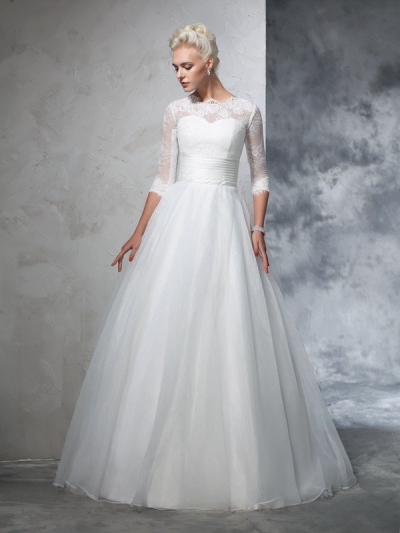 Ball Gown Jewel Applique 3/4 Sleeves Long Organza Wedding Dresses [60647]