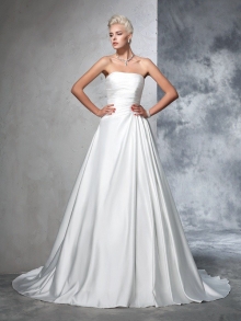 Ball Gown Strapless Ruched Sleeveless Long Satin Wedding Dresses