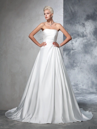 Ball Gown Strapless Ruched Sleeveless Long Satin Wedding Dresses [60666]