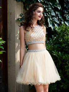 A-Line/Princess Scoop Net Sleeveless Beading Short/Mini Two Piece Homecoming Dresses