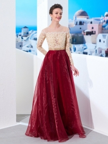 A-Line/Princess Sheer Neck Floor-Length Long Sleeves Applique Organza Dresses