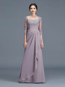 Sheath/Column 3/4 Sleeves Sweetheart Ruffles Chiffon Floor-Length Mother of the Bride Dresses