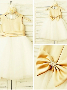 A-line/Princess Scoop Sleeveless Bowknot Tea-Length Tulle Flower Girl Dresses