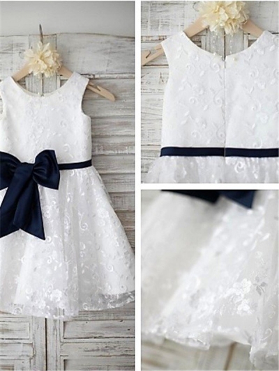 A-line/Princess Scoop Sleeveless Bowknot Floor-Length Lace Flower Girl Dresses [EL160556]