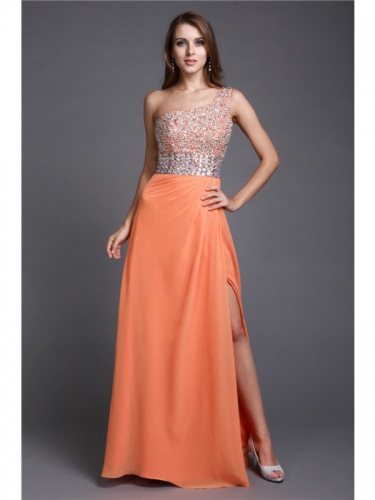 Sheath/Column One Shoulder Long Beading Sleeveless Chiffon Dresses