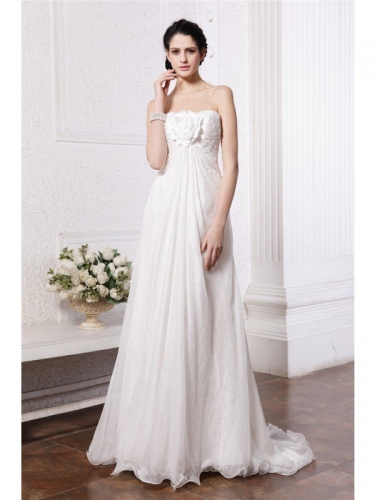 A-Line/Princess Strapless Sleeveless Beading Hand-Made Flower Long Chiffon Wedding Dresses