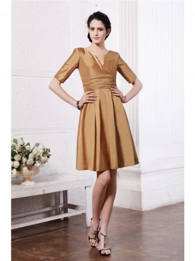 Sheath/Column V-neck Half Sleeves Pleats Taffeta Bridesmaid Dresses [N13ZYDRESS189]