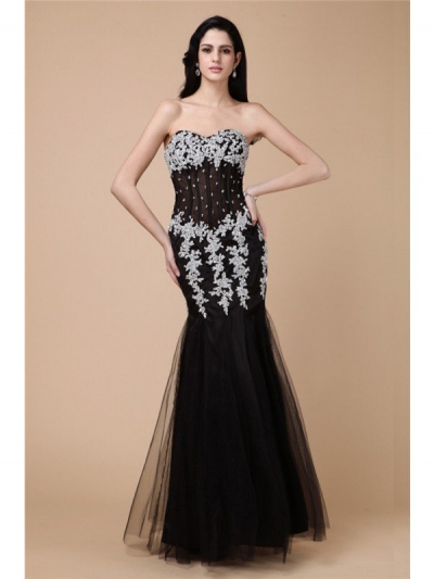 Trumpet/Mermaid Sweetheart Sleeveless Beading Applique Long Net Satin Dresses [N13ZYDRESS259]