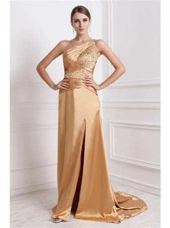 A-Line/Princess One-Shoulder Sleeveless Long Beading Elastic Woven Satin Dresses