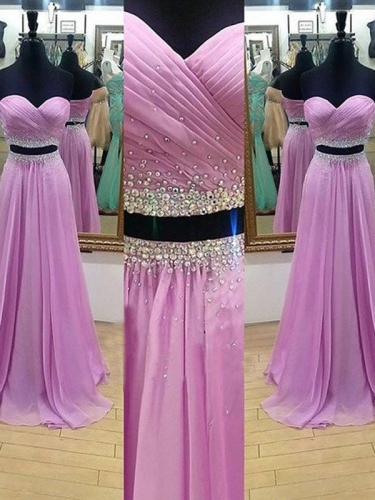 A-Line/Princess Sweetheart Sleeveless Floor-Length Beading Chiffon Two Piece Dresses