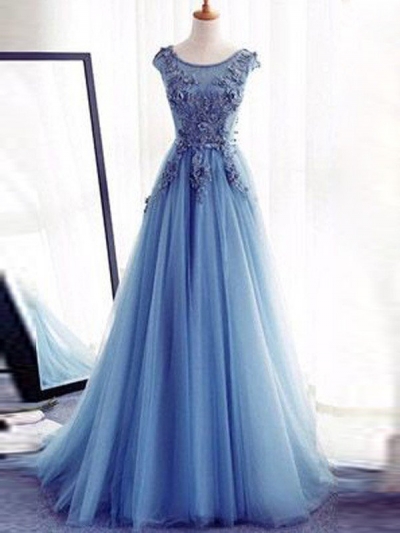 Ball Gown Sleeveless Jewel Floor-Length Applique Tulle Dresses [PO16033PO546]