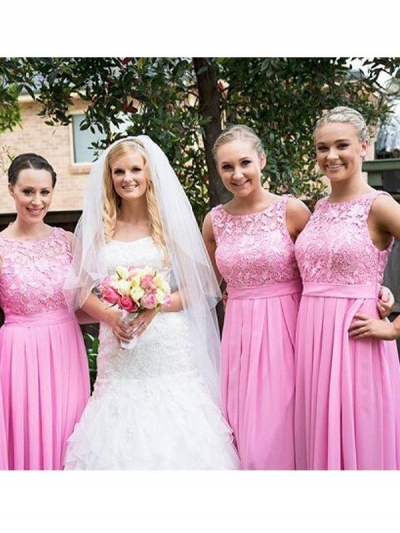 A-Line/Princess Scoop Sleeveless Floor-Length Lace Chiffon Bridesmaid Dresses [PO16033PO603]