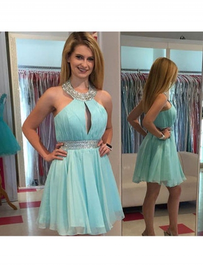 A-Line/Princess Sleeveless Halter Beading Chiffon Short/Mini Dresses [PO16033PO668]